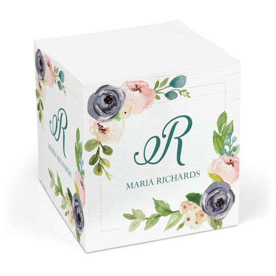 Gray and Pink Corner Roses Sprig Sticky Memo Cube